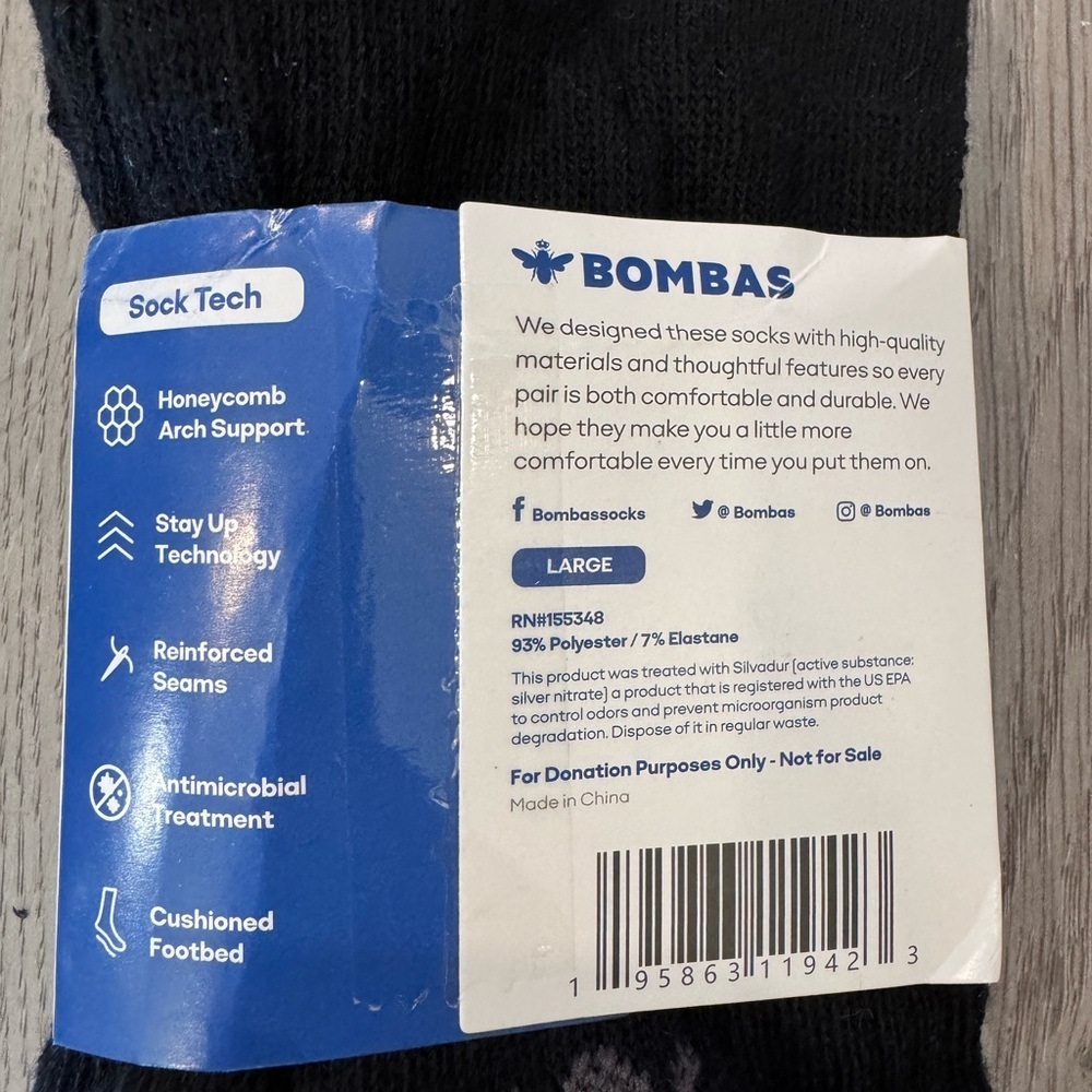 Bombas Socks Black And Grey Logo, One Pair Size Large NWT - Picture 3 of 3